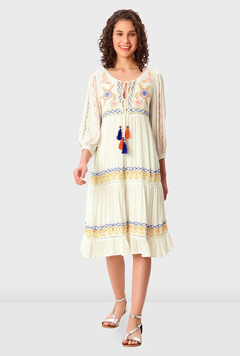 Shop Floral embroidery rayon crinkle lattice tier dress | eShakti