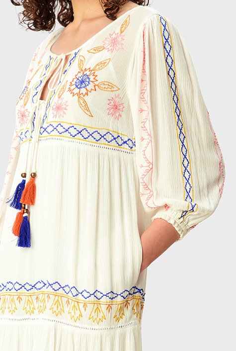 Solid embroidery peasant maxi shift dress hotsell