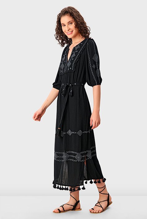 Graphic embroidery rayon crinkle shift dress