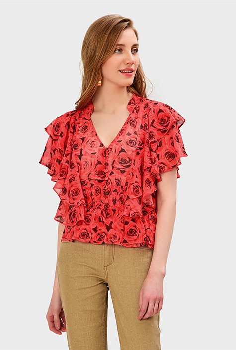 Women Red Ruffles Georgette Crop Top