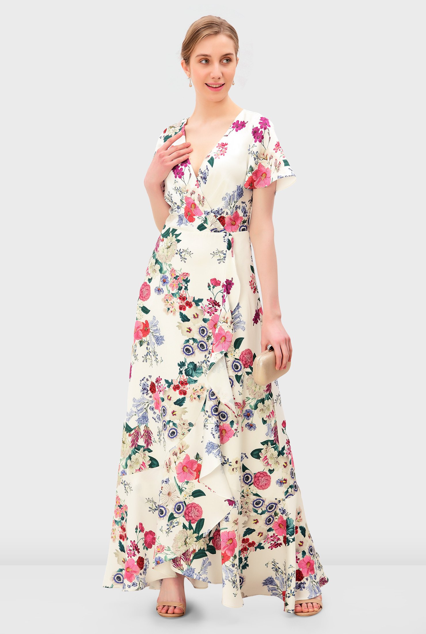 Shop Floral print satin twill faux-wrap dress | eShakti