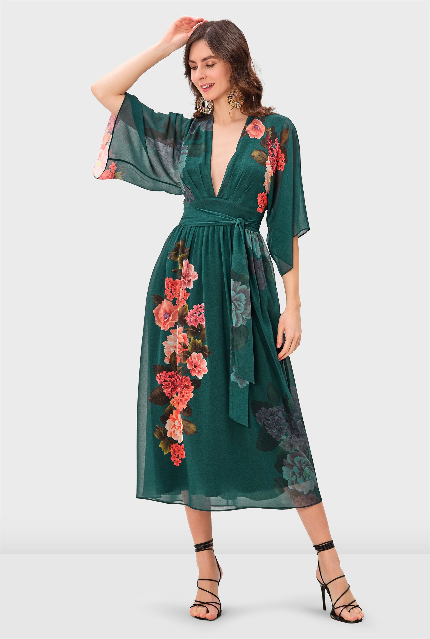 Shop Plunge floral print georgette dress | eShakti