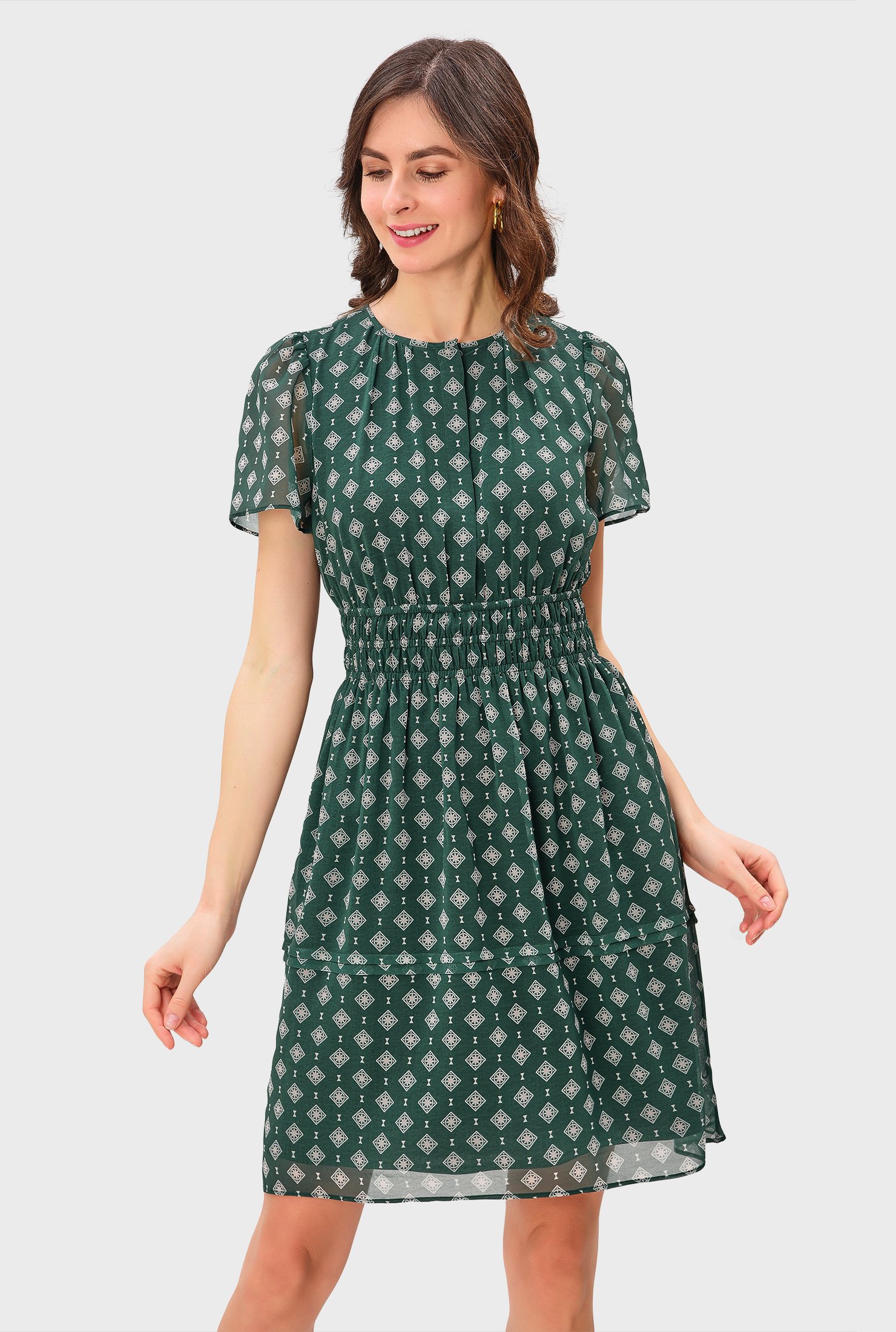 Shop Smocked waist graphic floral print georgette dress | eShakti