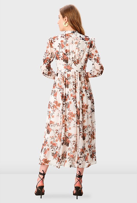 Floral Print Plunge Long Sleeve Maxi Dress