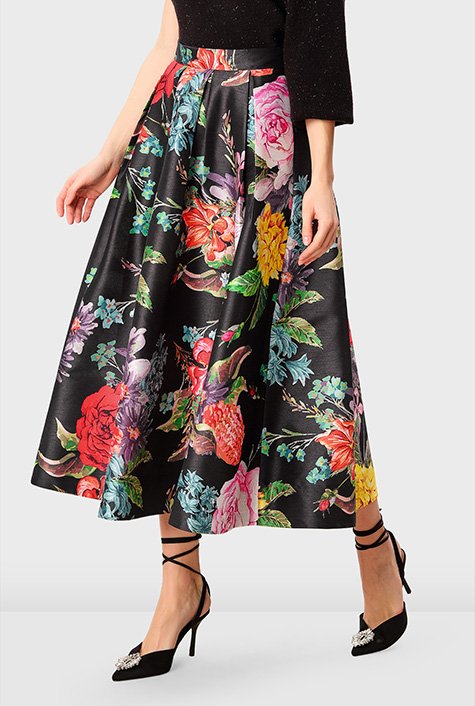 Shop Floral print dupioni box-pleat full skirt | eShakti