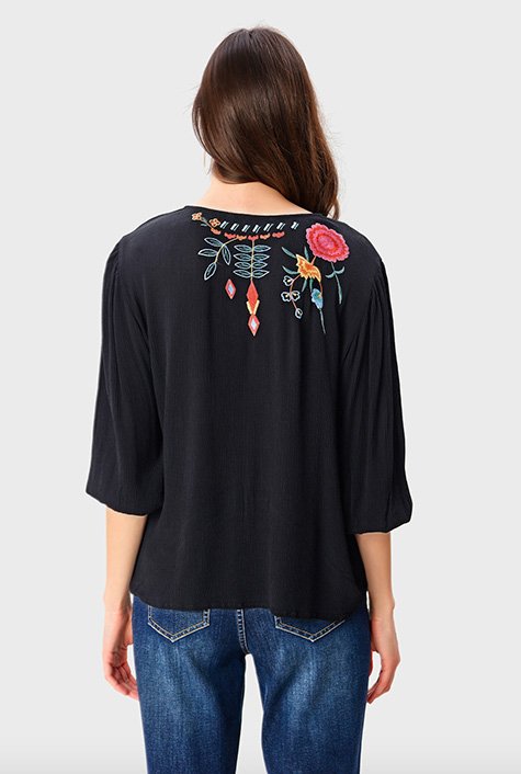 Floral embroidery rayon crinkle tassel tie tunic