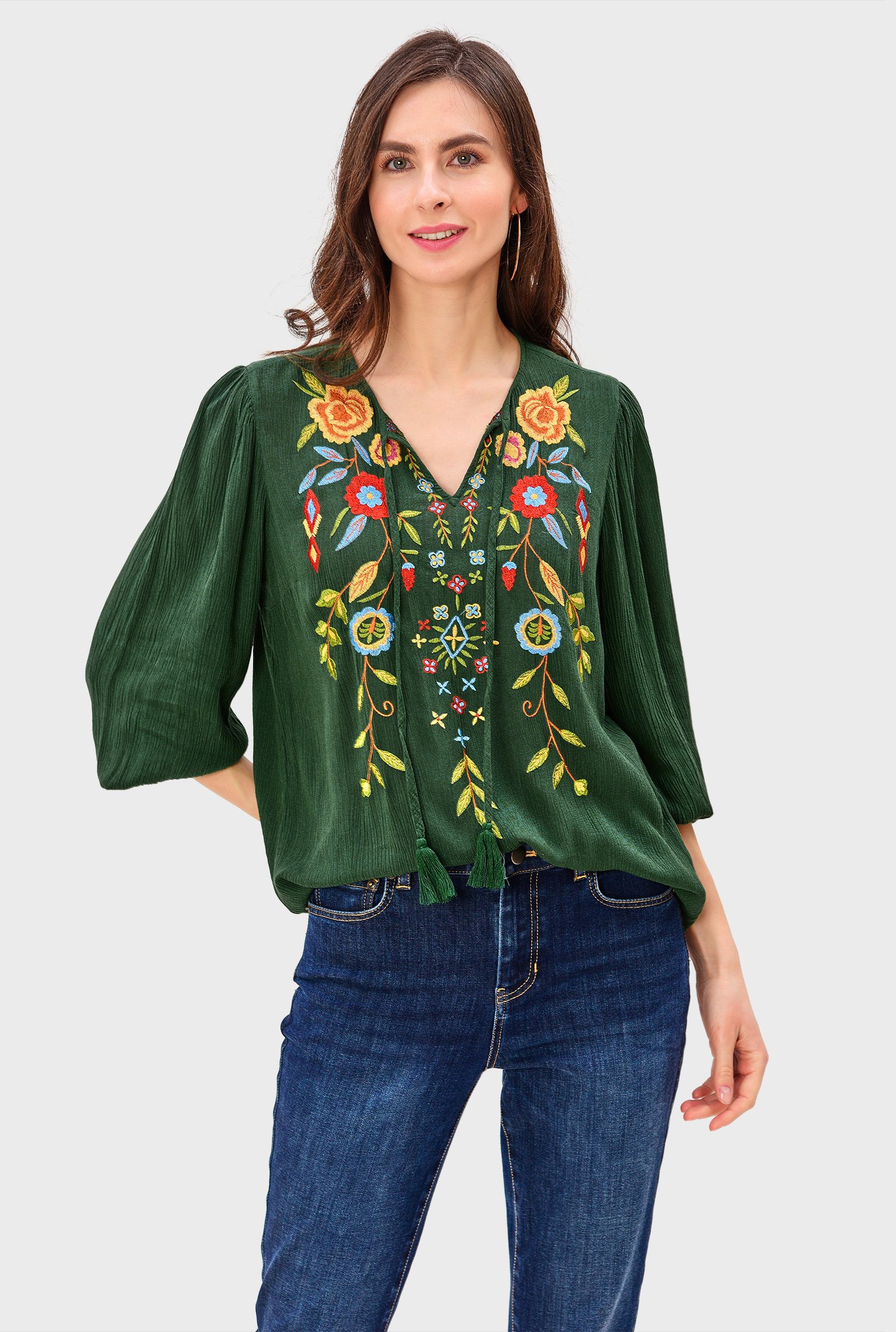 Shop Floral embroidery rayon crinkle tassel tie tunic | eShakti