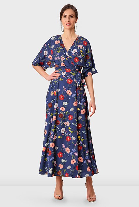 Shop Dolman sleeve floral print crepe wrap dress | eShakti