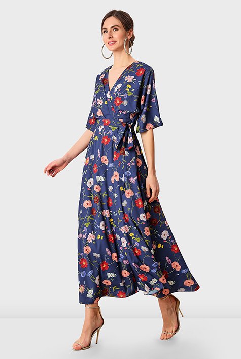 Shop Dolman sleeve floral print crepe wrap dress | eShakti