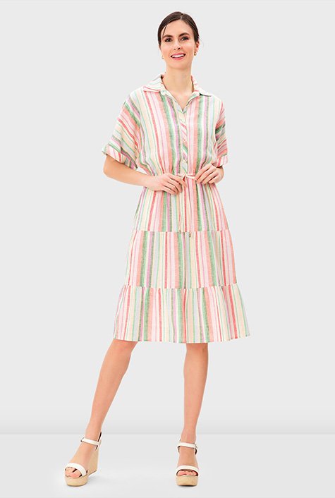 Shop Stripe cotton linen faux drawstring tiered dress