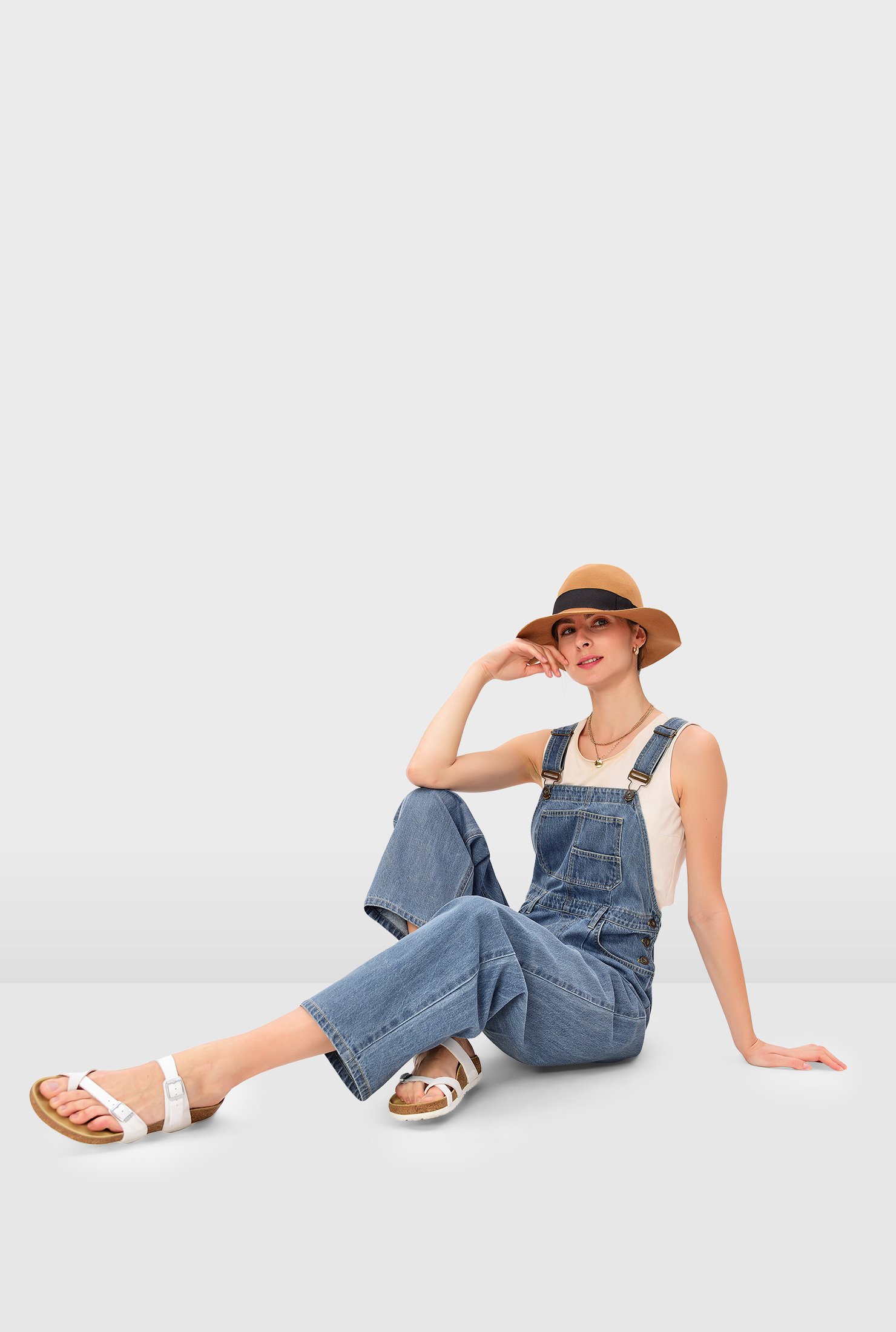 Light indigo denim overall jumpsuit