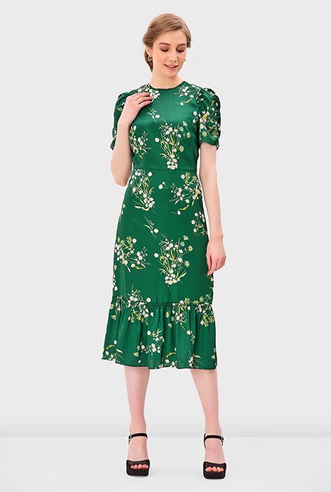 Green And Floral Print Twofer Dress, eShakti