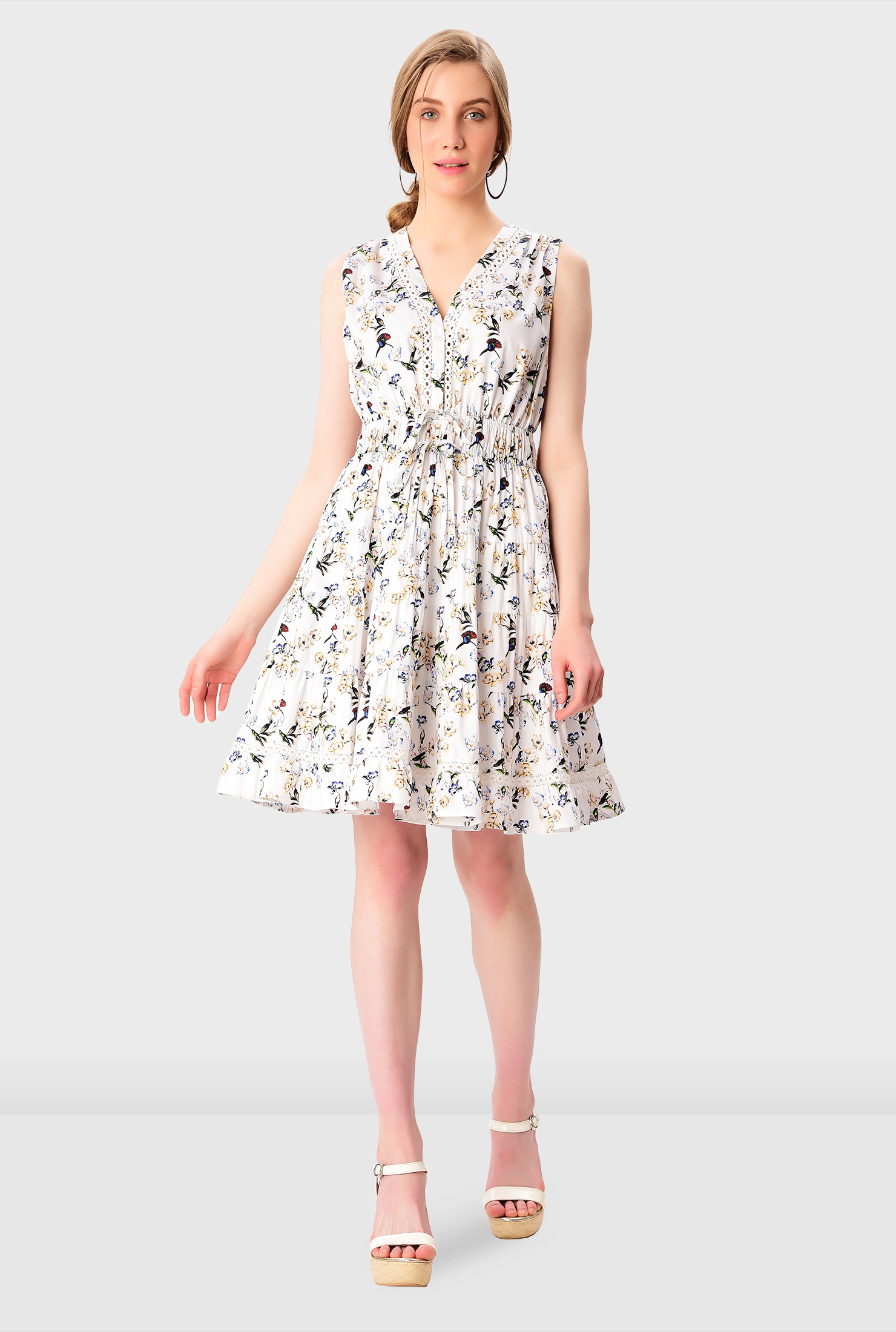 激安‼️未使用タグ付‼️ Tiered Floral Pleated Dress Shop Lace trim floral bird print cotton sateen ruched tier