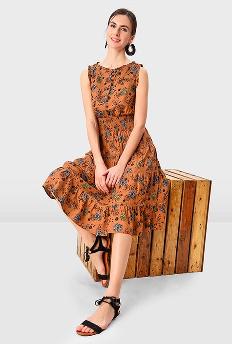 Shop Floral print crepe lattice trim tiered dress | eShakti