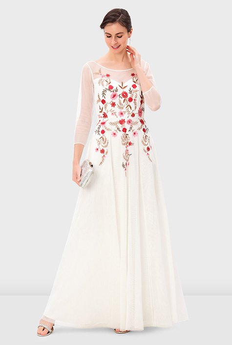 Floral embroidery illusion sheer tulle dress