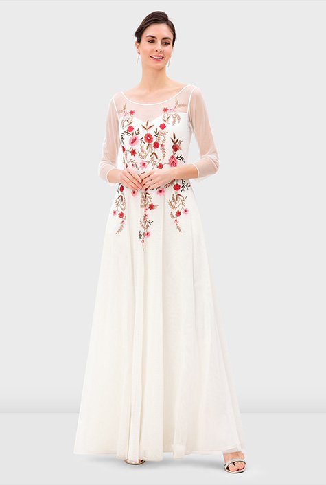 Floral embroidery illusion sheer tulle dress