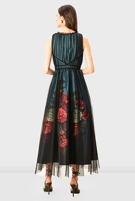 Shop Sheer tulle overlay floral print dupioni dress | eShakti