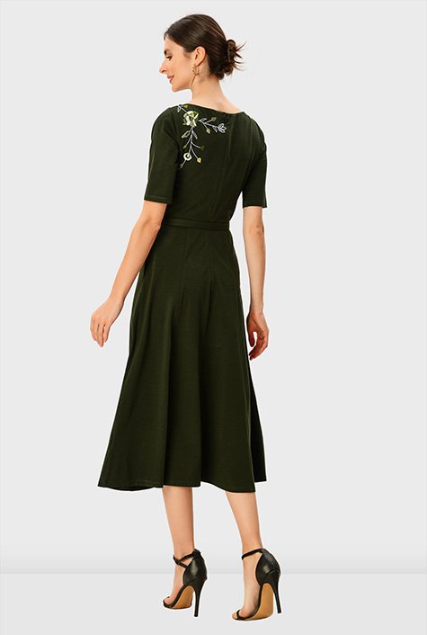 Floral vine embroidery cotton jersey belted dress
