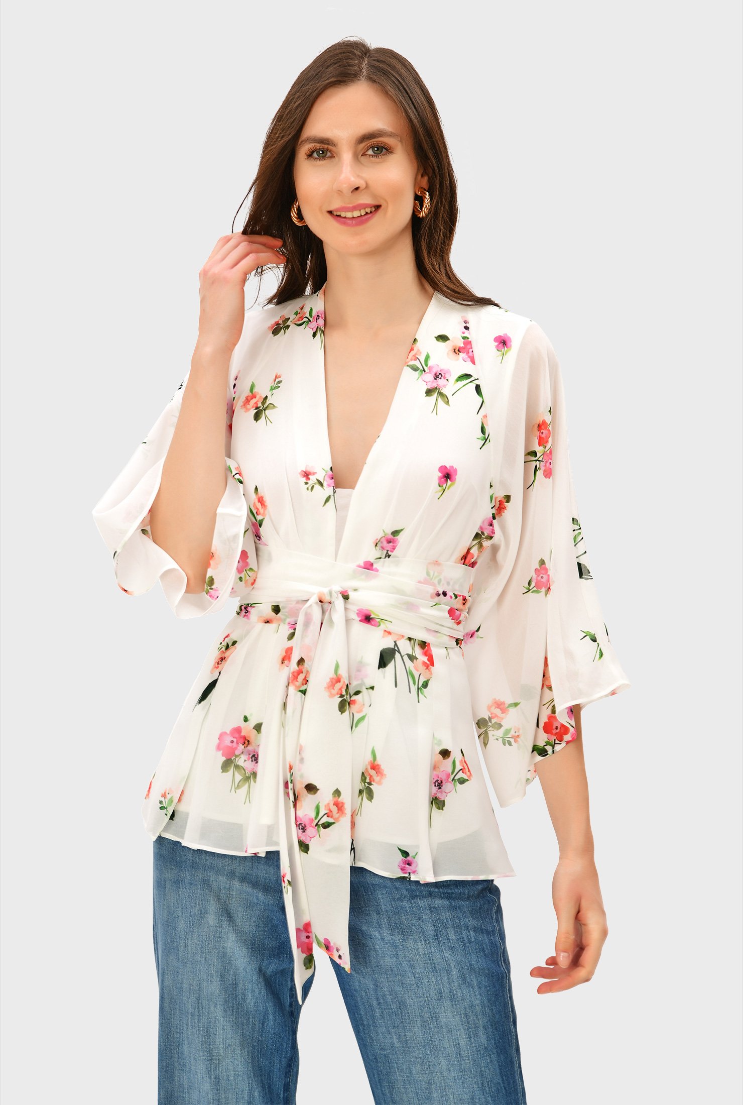 Shop Flared sleeve floral print georgette blouse | eShakti