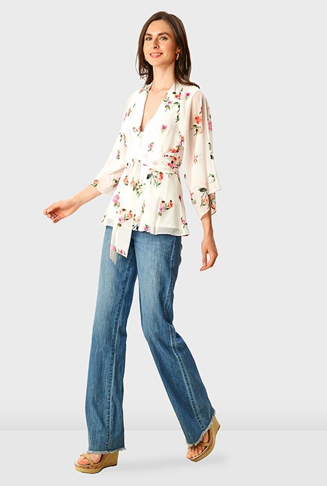 Shop Flared sleeve floral print georgette blouse | eShakti