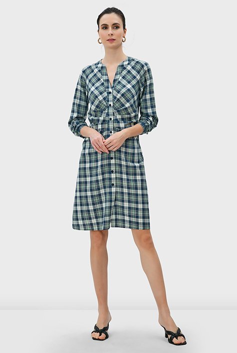 Shop Pleat front cotton twill check shirtdress | eShakti