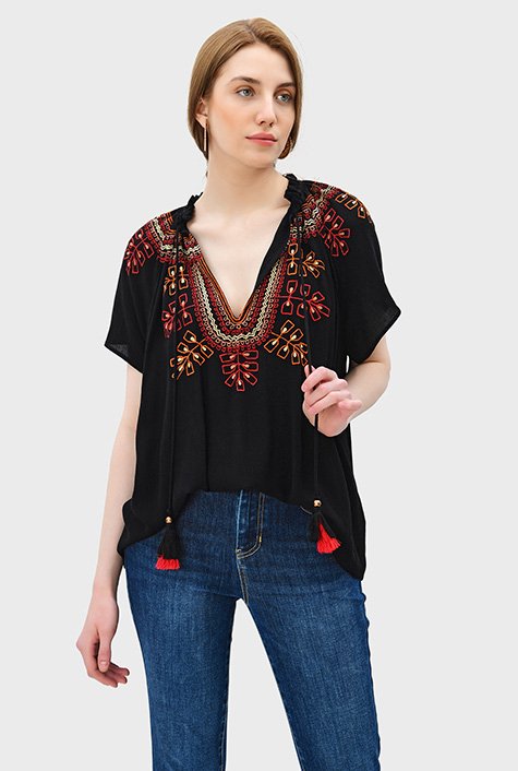 Shop Tassel tie floral embroidery rayon crinkle tunic