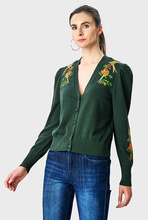 Shop Bird embroidery cotton cardigan | eShakti