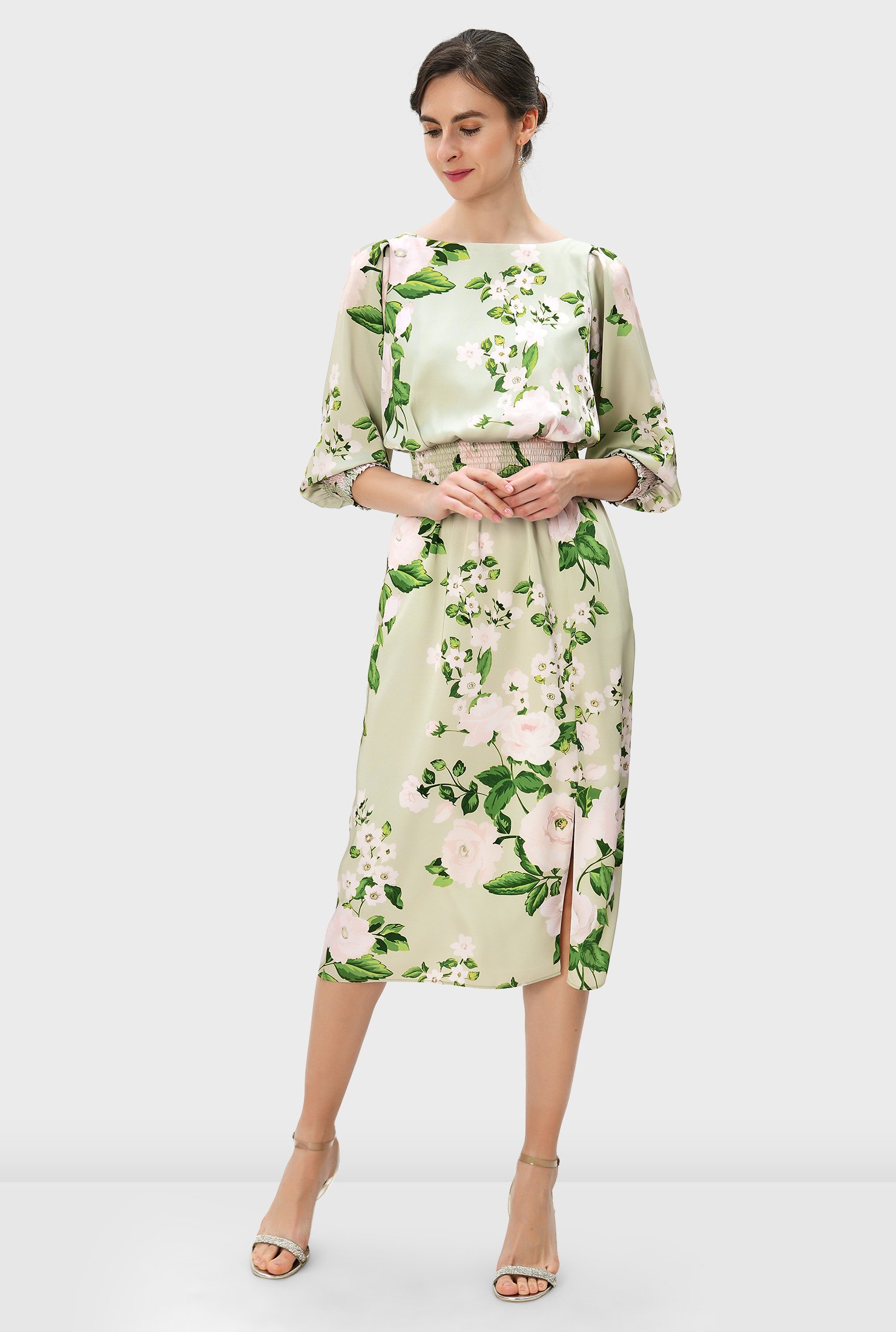 Shop Floral print satin blouson dress