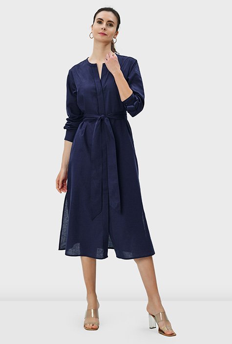 Shop Tie waist cotton linen vented A-line dress