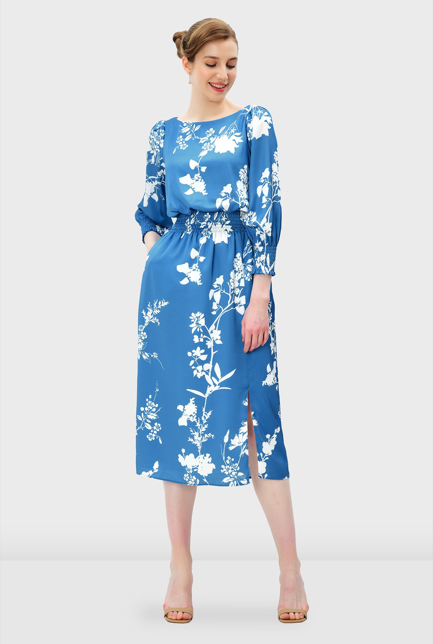 Shop Floral print satin blouson dress