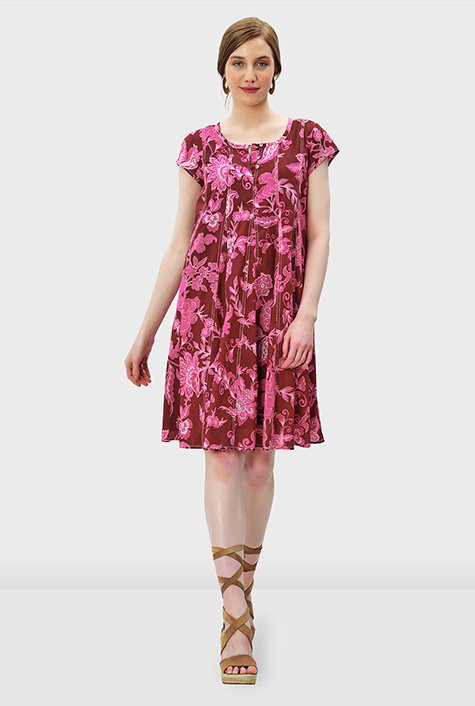 Shop Godet inset floral print cotton voile trapeze dress | eShakti