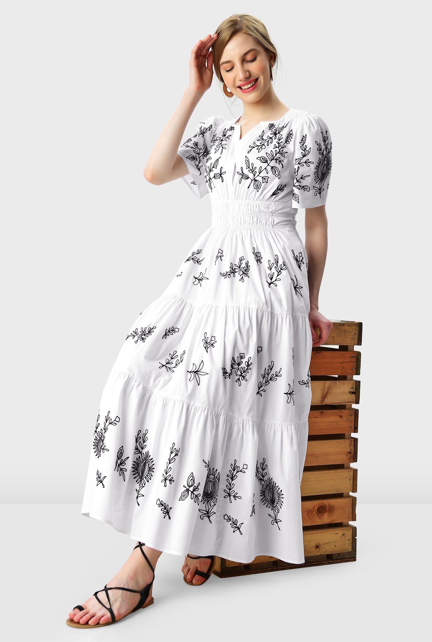 Floral embroidery smocked waist cotton poplin tiered dress