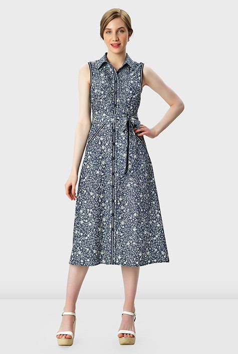 Shop Pintuck pleat floral print tencel denim shirtdress | eShakti