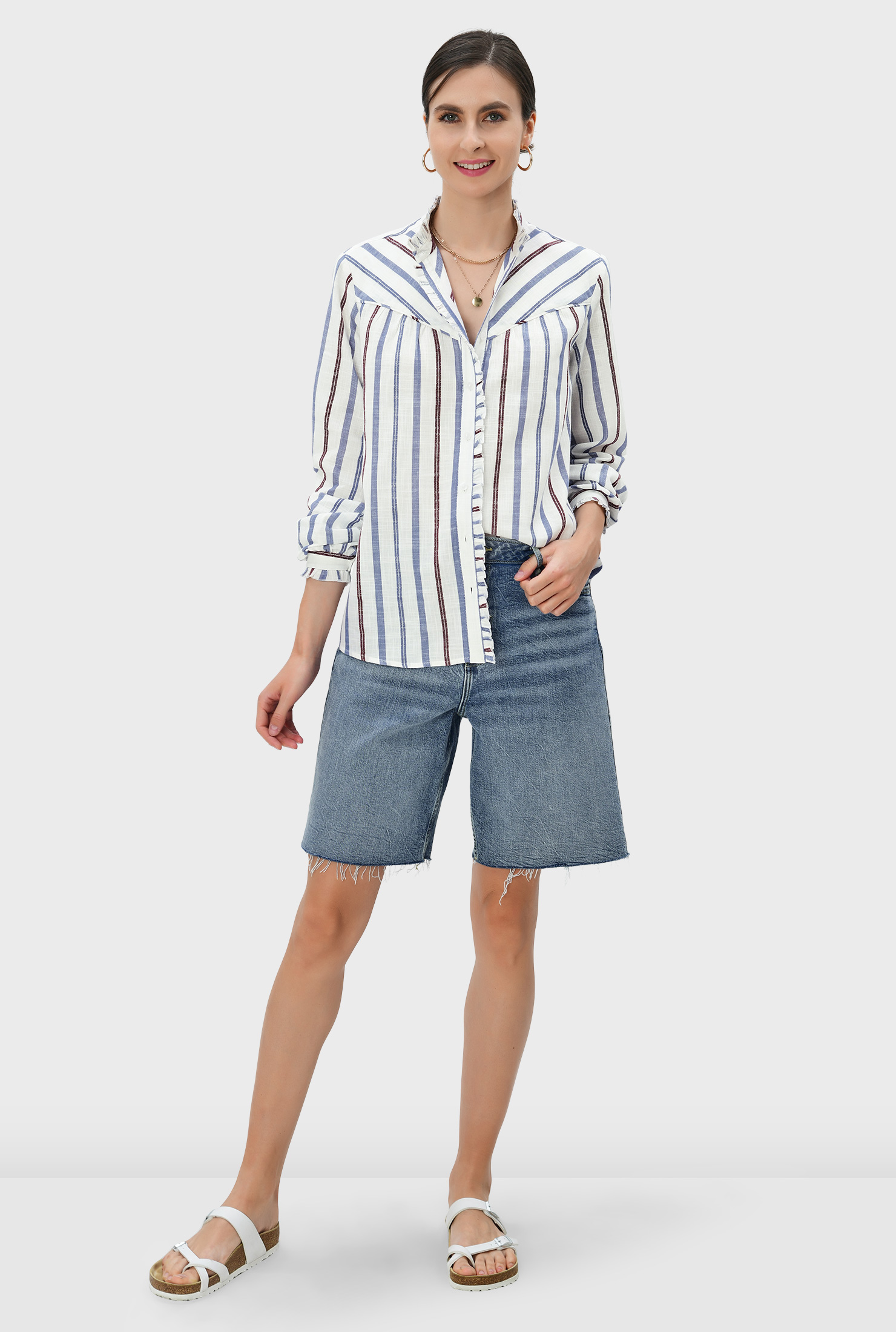 Shop Ruffle frill cotton stripe shirt | eShakti