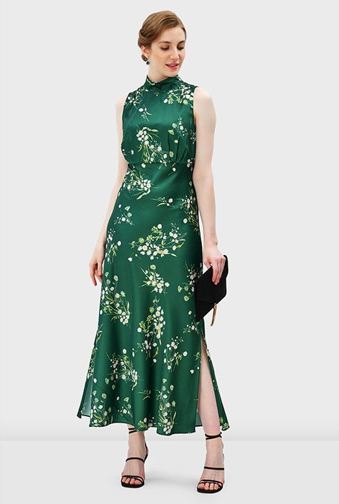 Floral Print Elegant A-Line Satin Dress Style # HFW2749 – Dream