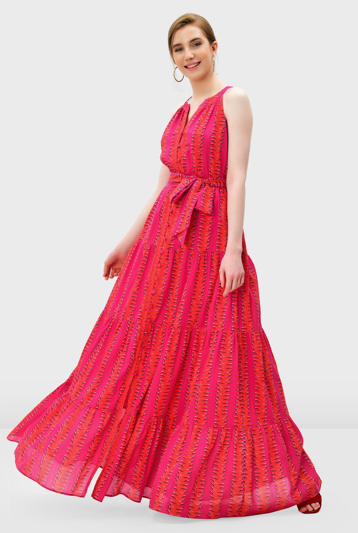 Linear floral print cotton voile ruched tier dress