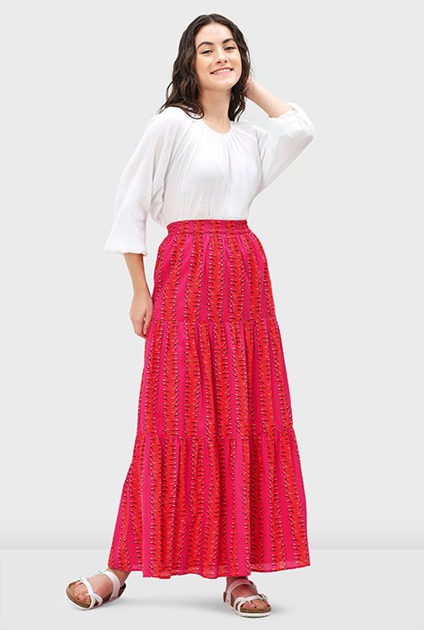Shop Smocked waist linear graphic print cotton voile tiered skirt