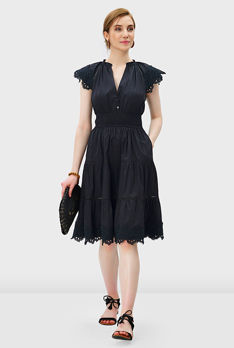 Shop Floral scallop trim cotton poplin smocked waist dress | eShakti