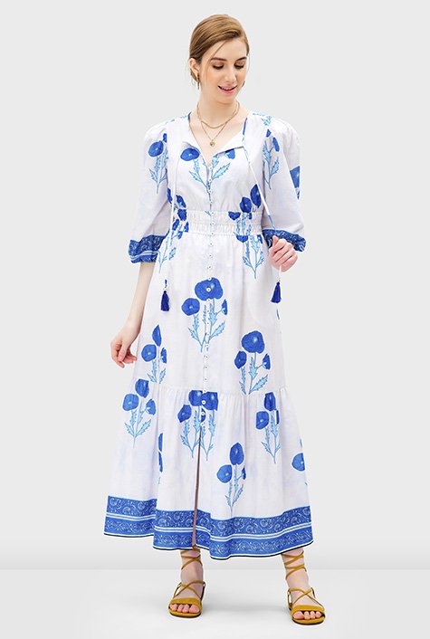 Shop Floral print cotton voile ruffle flounce dress | eShakti