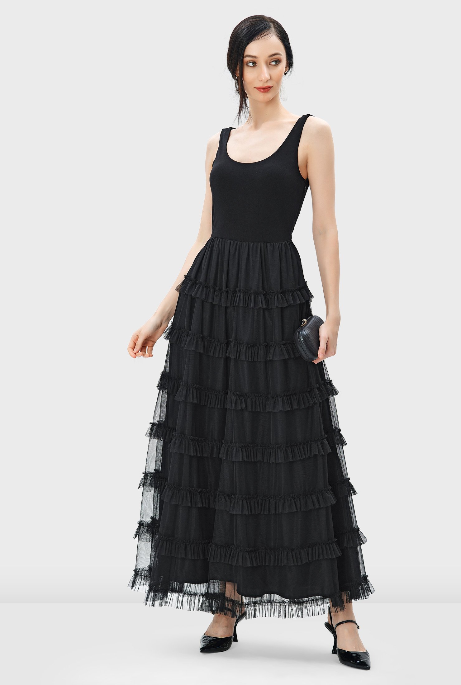 Rayon jersey and ruffle frill tiered tulle dress