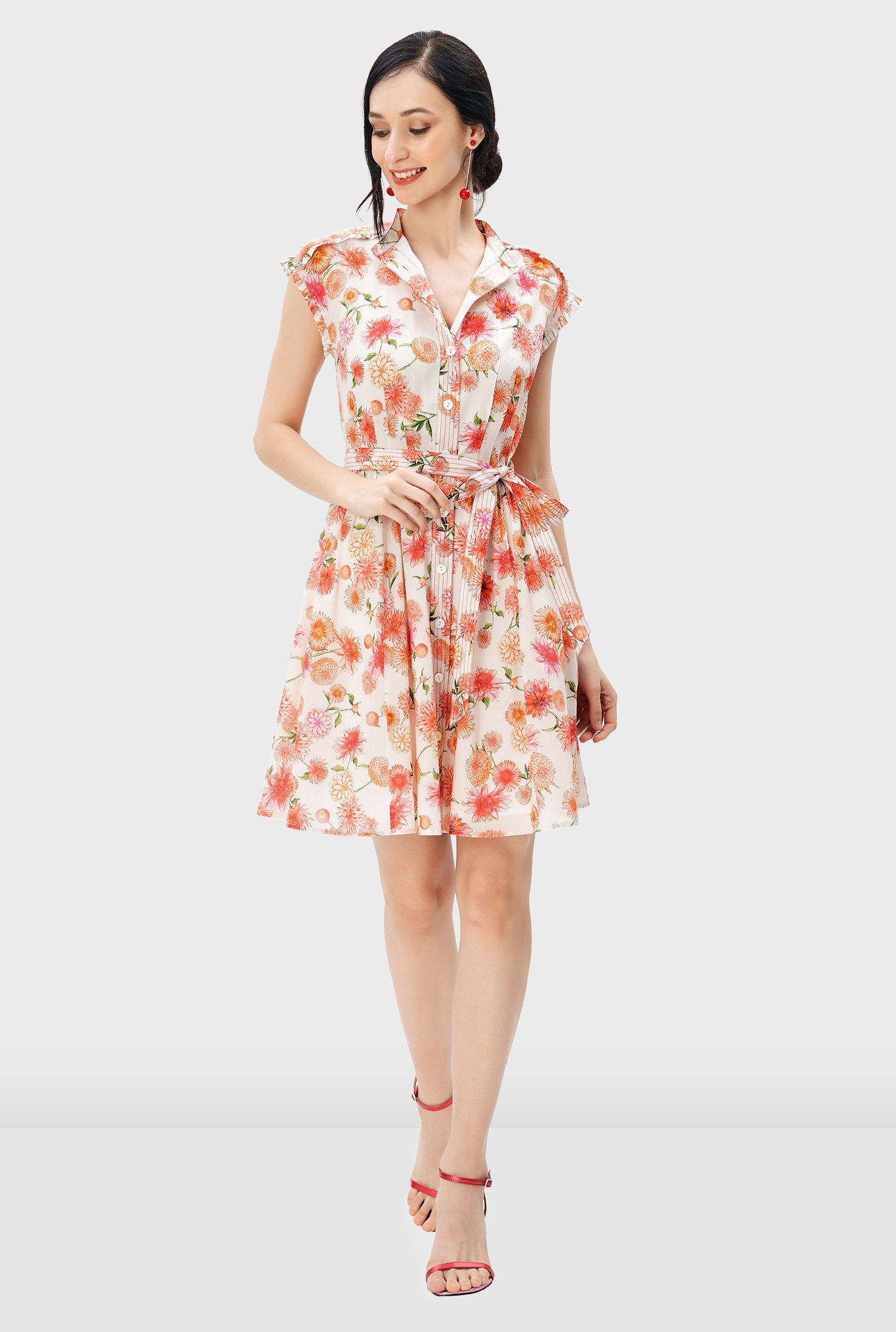 Shop Floral print cotton voile ruffle trim shirtdress | eShakti