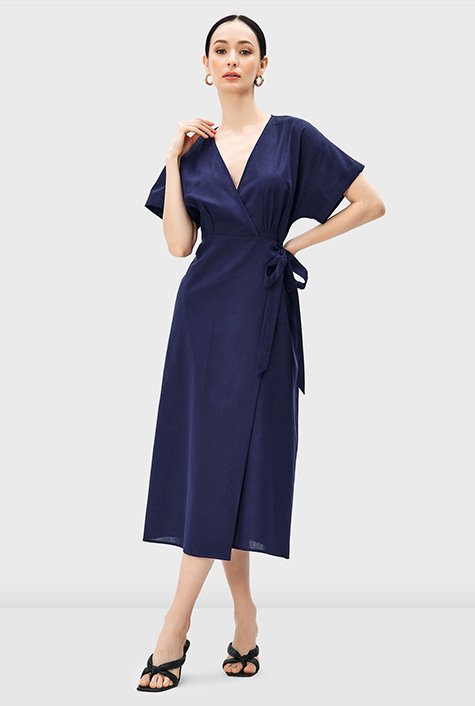 Shop Dolman sleeve cotton linen wrap dress | eShakti