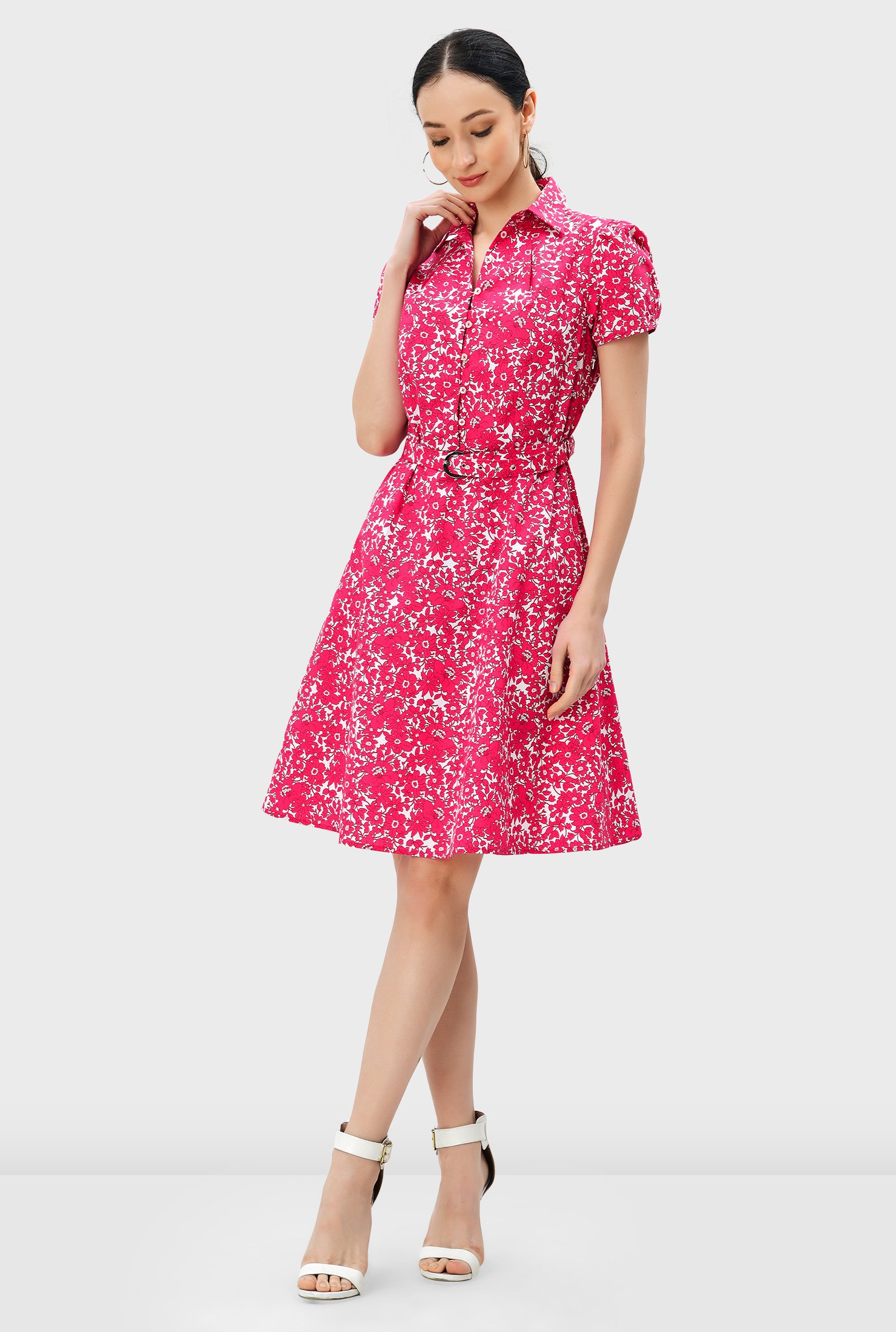 Shop Floral print cotton poplin belted dress | eShakti