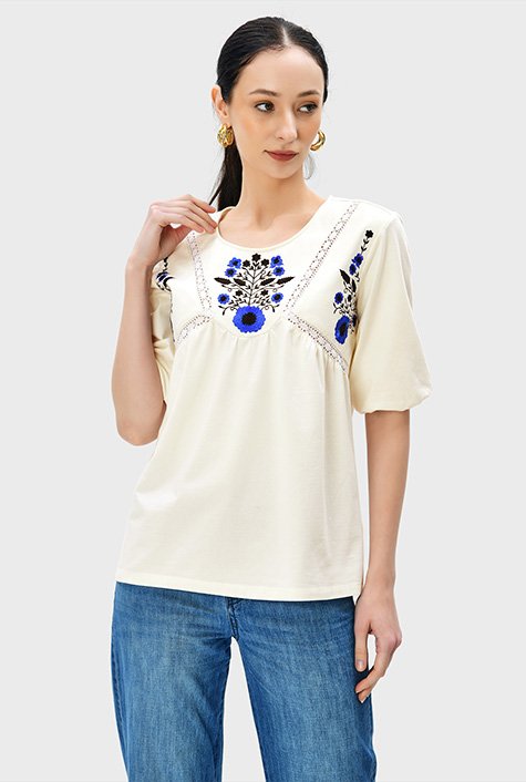 Shop Lace trim floral embroidery cotton jersey top | eShakti