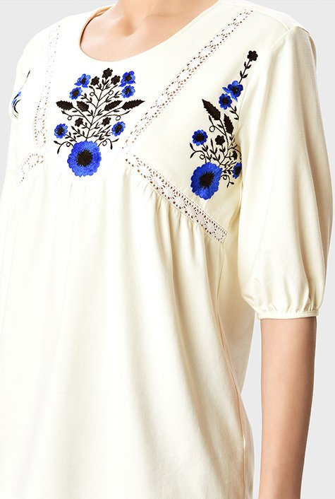Shop Lace trim floral embroidery cotton jersey top | eShakti