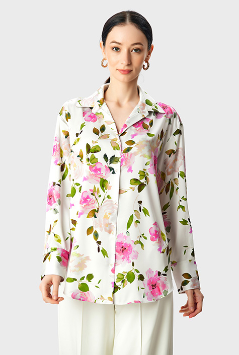 Shop Watercolor floral print satin shirt | eShakti