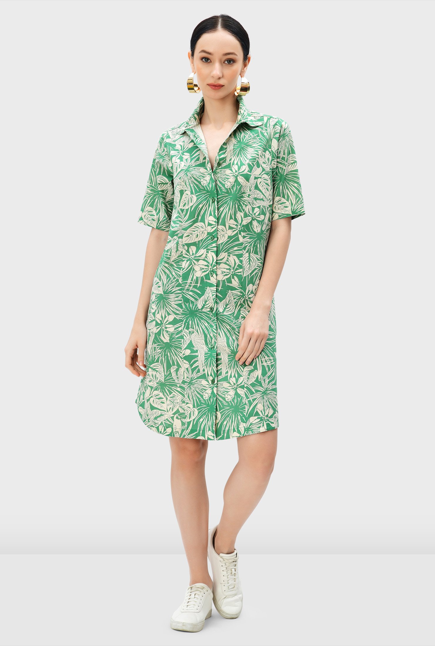 Shop Floral and bird print cotton tie-back shirtdress | eShakti