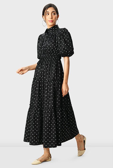 Shop Dot print cotton poplin smocked waist tier dress | eShakti