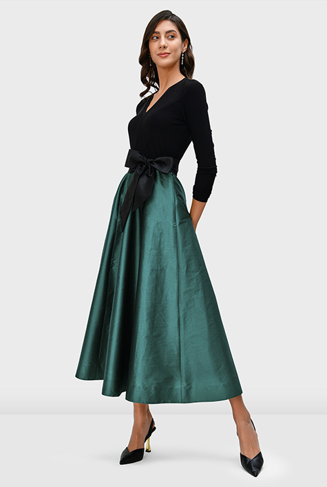 Shop Jersey knit and dupioni sash-tie dress eShakti