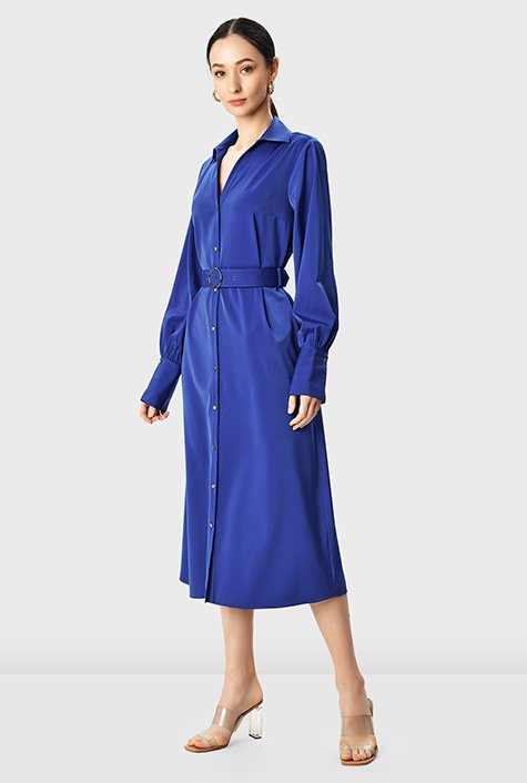 Stretch satin belted shirtdress